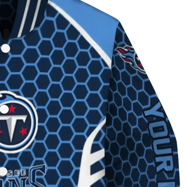 customized tennessee titans hexagon grid navy varsity jacket premium grade