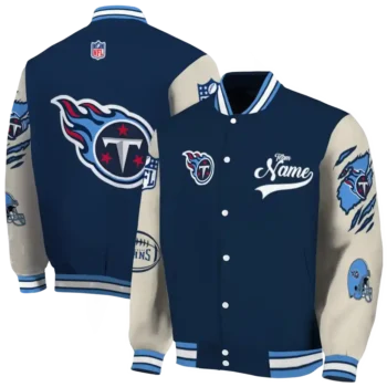 customized tennessee titans razorback outline navy nude varsity jacket fashion forward