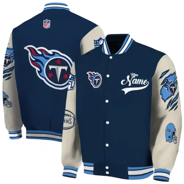 customized tennessee titans razorback outline navy nude varsity jacket fashion forward