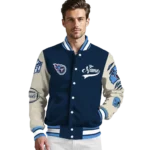 customized tennessee titans razorback outline navy nude varsity jacket best selling