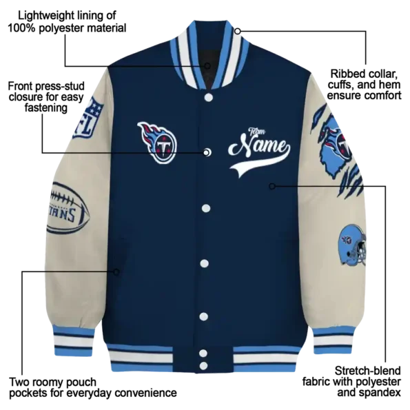 customized tennessee titans razorback outline navy nude varsity jacket new arrival