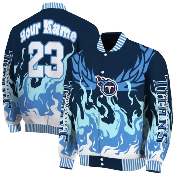 customized tennessee titans winged blaze navy white varsity jacket fashion forward