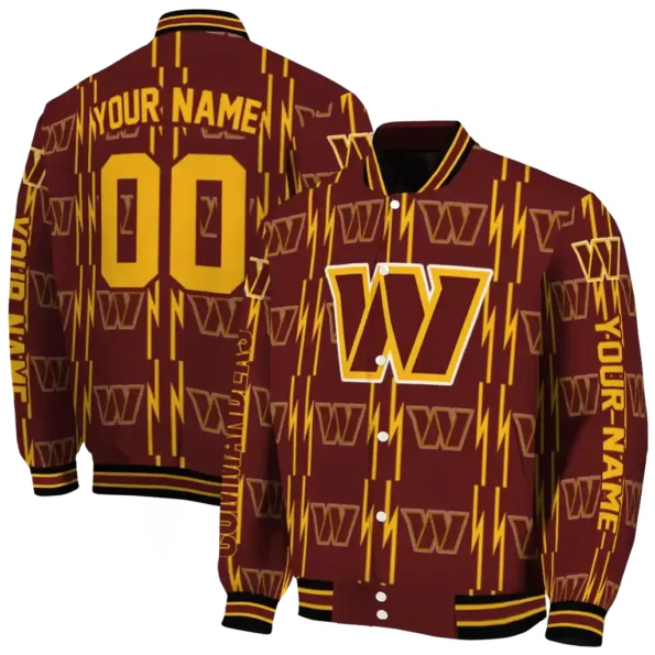 customized washington commanders bolt stripe burgundy varsity jacket fashion forward