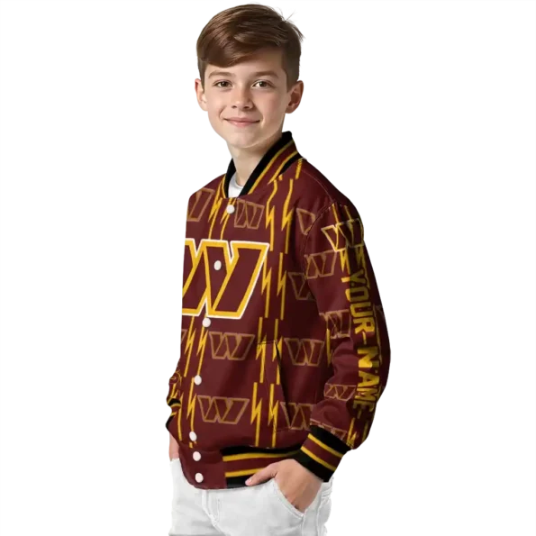 customized washington commanders bolt stripe burgundy varsity jacket trendy
