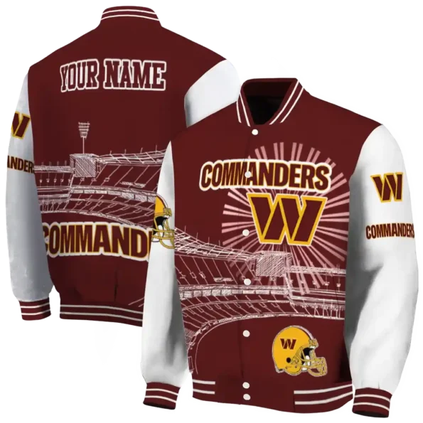 customized washington commanders ferris arena burgundy white varsity jacket fashion forward