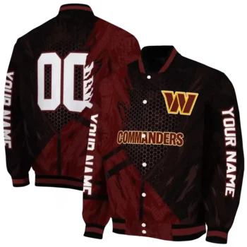 customized washington commanders hexagon mesh burgundy black varsity jacket fashion forward