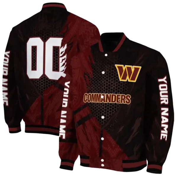 customized washington commanders hexagon mesh burgundy black varsity jacket fashion forward