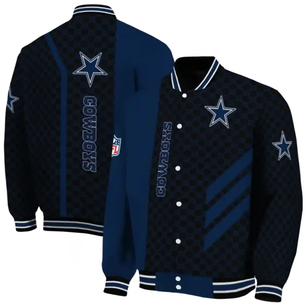 dallas cowboys triple side stripes blue black varsity jacket fashion forward.webp