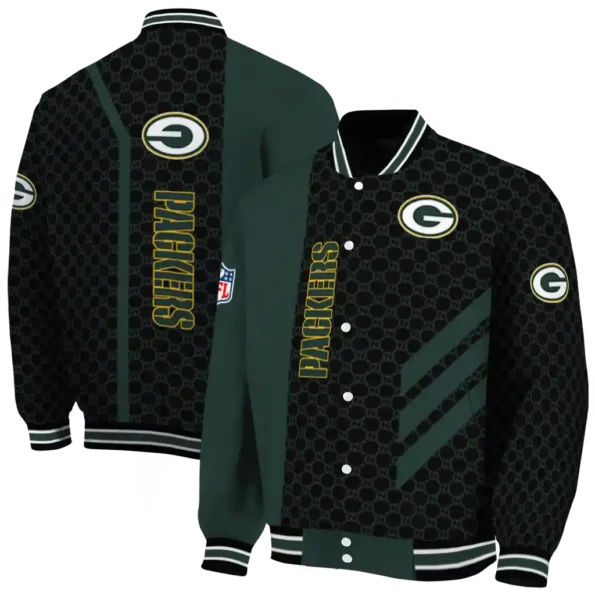 green bay packers triple side stripes green black varsity jacket fashion forward.webp