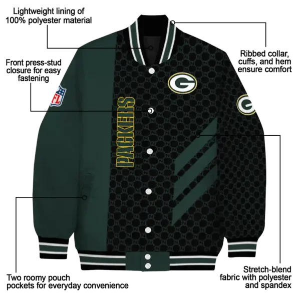 green bay packers triple side stripes green black varsity jacket new arrival.webp