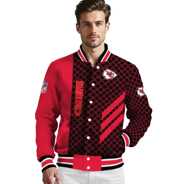 kansas city chiefs triple side stripes red black varsity jacket high quality