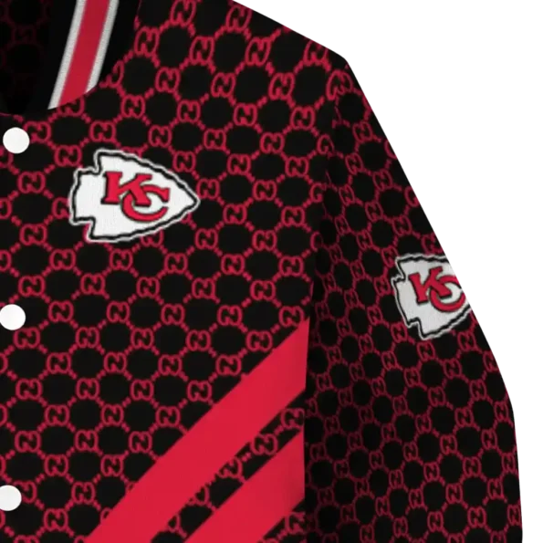 kansas city chiefs triple side stripes red black varsity jacket premium grade