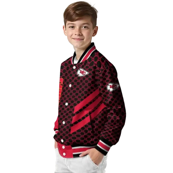 kansas city chiefs triple side stripes red black varsity jacket trendy