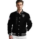 las vegas raiders triple side stripes black varsity jacket best selling