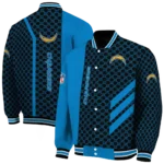 los angeles chargers triple side stripes blue black varsity jacket best selling