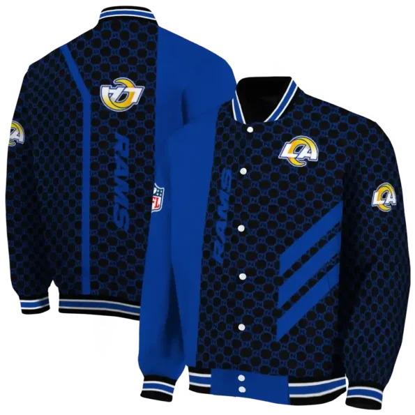 los angeles rams triple side stripes blue black varsity jacket fashion forward