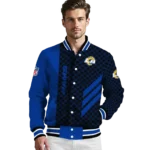 los angeles rams triple side stripes blue black varsity jacket best selling