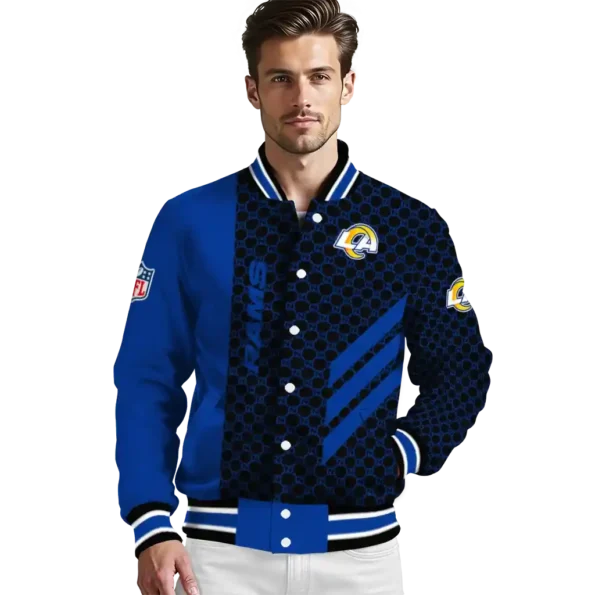 los angeles rams triple side stripes blue black varsity jacket high quality