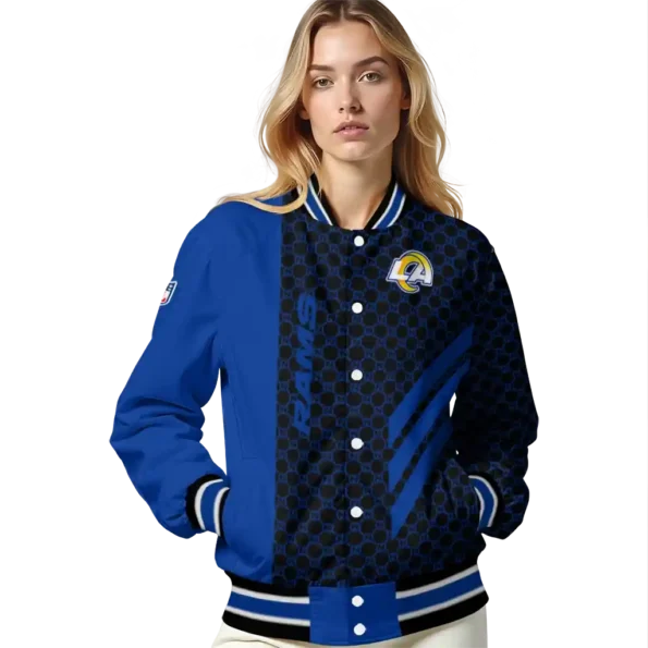 los angeles rams triple side stripes blue black varsity jacket latest model
