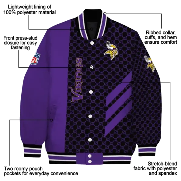 minnesota vikings triple side stripes purple black varsity jacket new arrival