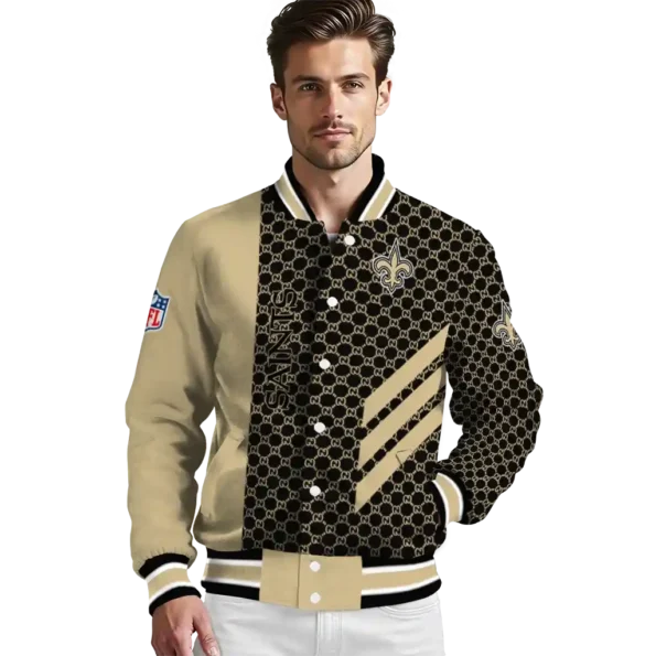 new orleans saints triple side stripes gold black varsity jacket high quality