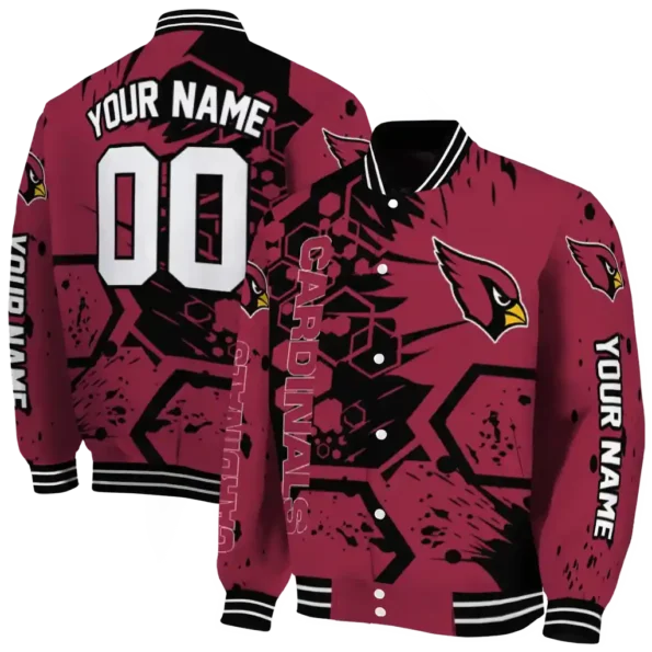 personalized arizona cardinals hexagon cluster red black varsity jacket fashion forward.webp