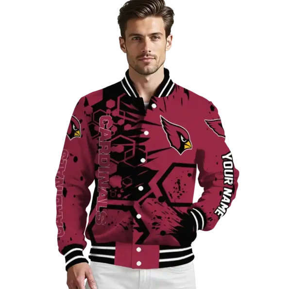 personalized arizona cardinals hexagon cluster red black varsity jacket high quality.webp