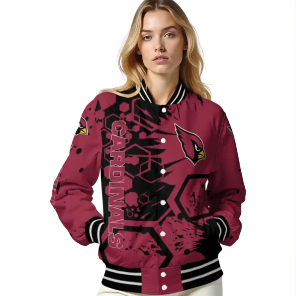 personalized arizona cardinals hexagon cluster red black varsity jacket latest model.webp