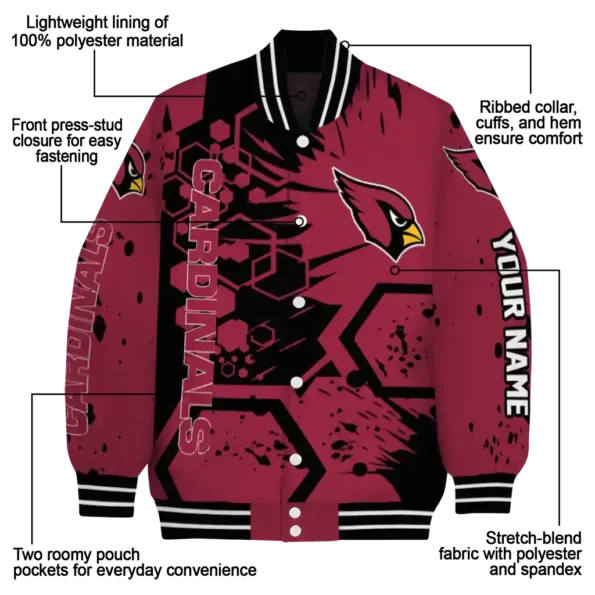 personalized arizona cardinals hexagon cluster red black varsity jacket new arrival.webp
