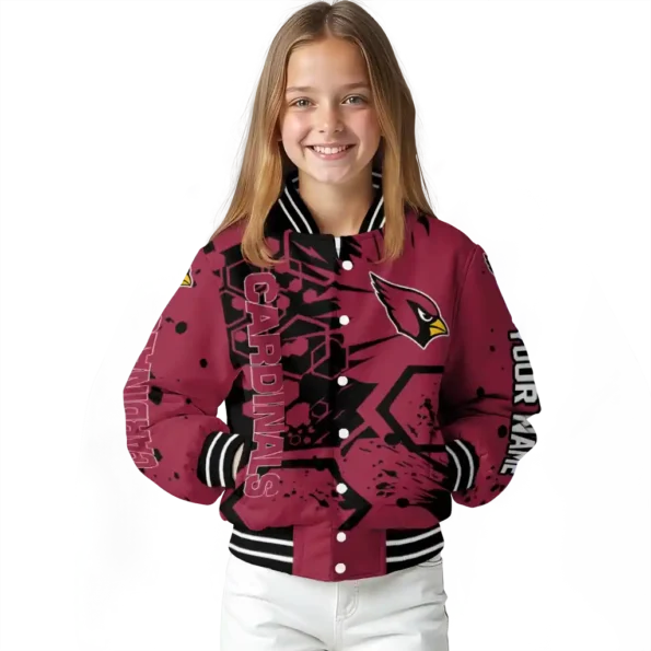 personalized arizona cardinals hexagon cluster red black varsity jacket top rated.webp