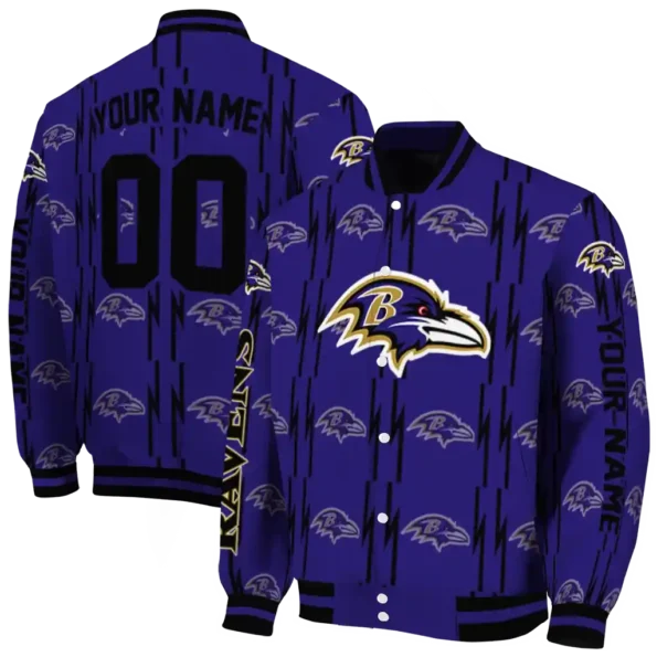 personalized baltimore ravens bolt stripe purple varsity jacket fashion forward.webp