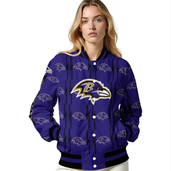 personalized baltimore ravens bolt stripe purple varsity jacket latest model.webp