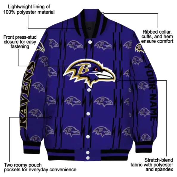 personalized baltimore ravens bolt stripe purple varsity jacket new arrival.webp