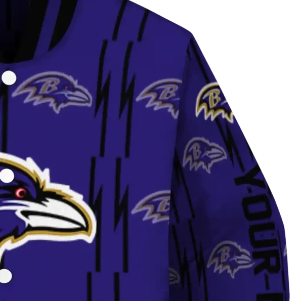 personalized baltimore ravens bolt stripe purple varsity jacket premium grade.webp