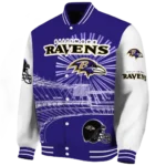 personalized baltimore ravens ferris arena purple white varsity jacket best selling.webp