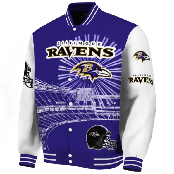 personalized baltimore ravens ferris arena purple white varsity jacket best selling.webp