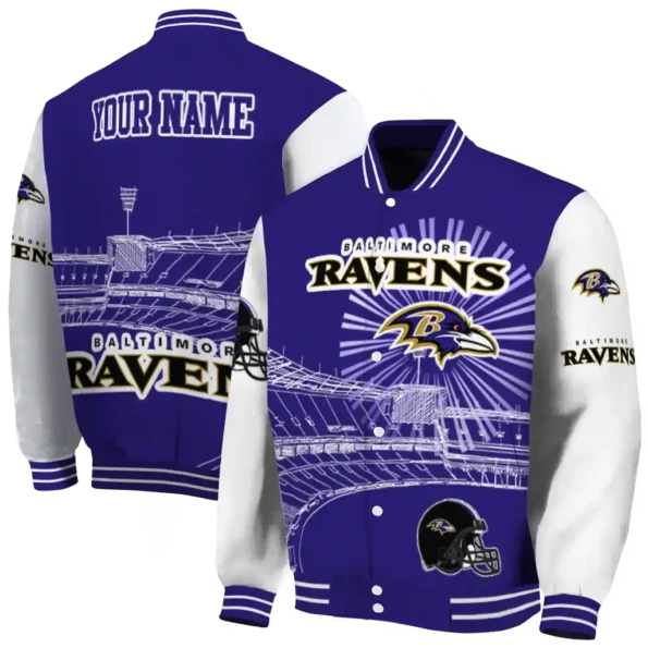 personalized baltimore ravens ferris arena purple white varsity jacket fashion forward.webp