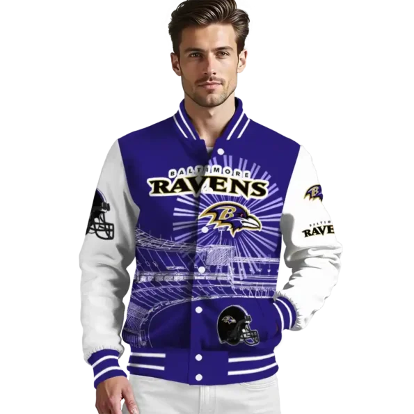 personalized baltimore ravens ferris arena purple white varsity jacket high quality.webp