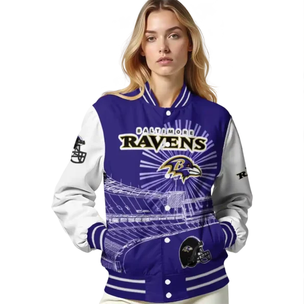 personalized baltimore ravens ferris arena purple white varsity jacket latest model.webp