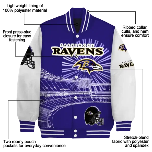 personalized baltimore ravens ferris arena purple white varsity jacket new arrival.webp