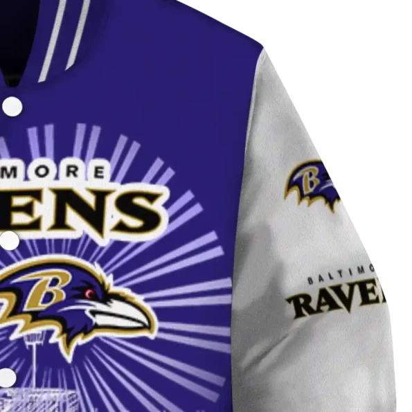 personalized baltimore ravens ferris arena purple white varsity jacket premium grade.webp