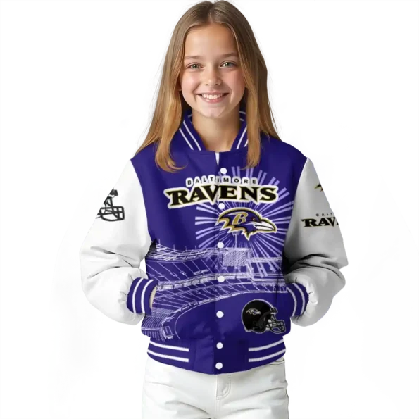 personalized baltimore ravens ferris arena purple white varsity jacket top rated.webp