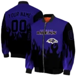 personalized baltimore ravens flame border purple black bomber jacket best selling