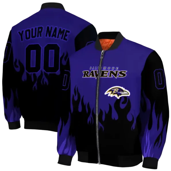 personalized baltimore ravens flame border purple black bomber jacket fashion forward