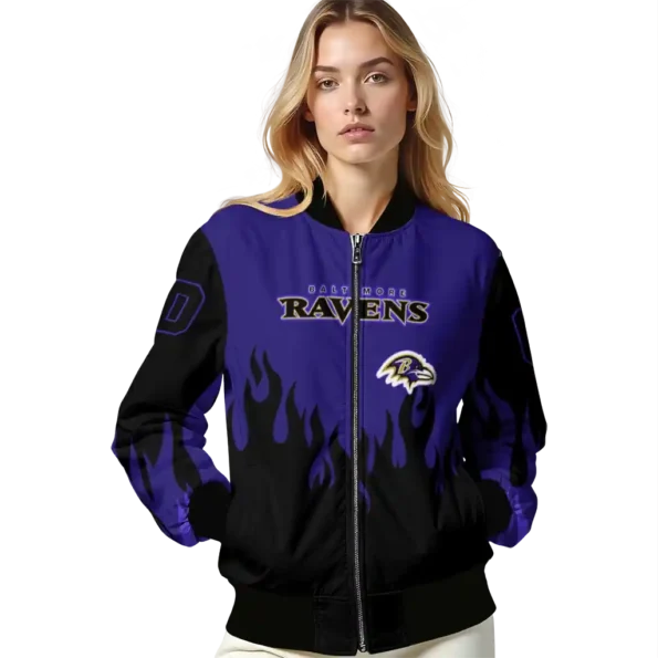 personalized baltimore ravens flame border purple black bomber jacket latest model