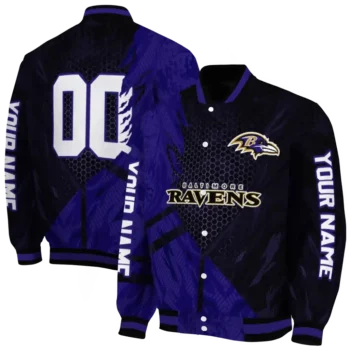 personalized baltimore ravens hexagon mesh purple black varsity jacket fashion forward.webp