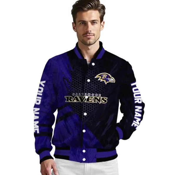 personalized baltimore ravens hexagon mesh purple black varsity jacket high quality.webp