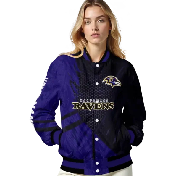 personalized baltimore ravens hexagon mesh purple black varsity jacket latest model.webp