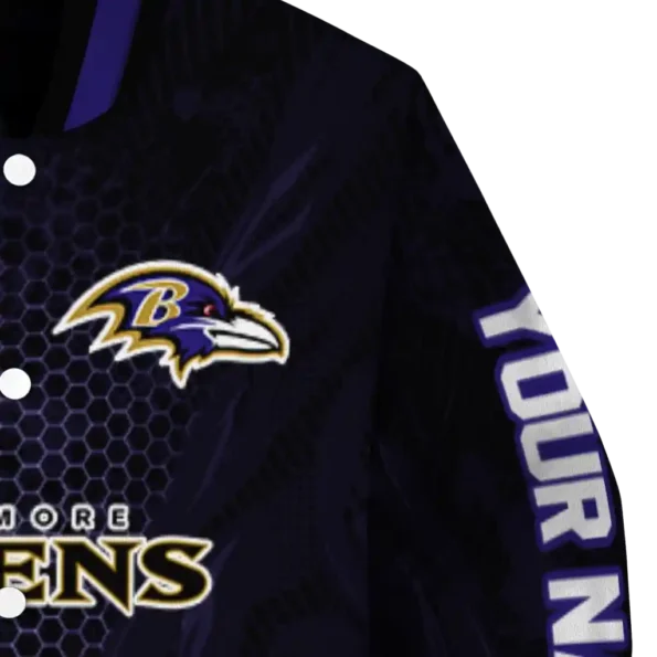personalized baltimore ravens hexagon mesh purple black varsity jacket premium grade.webp