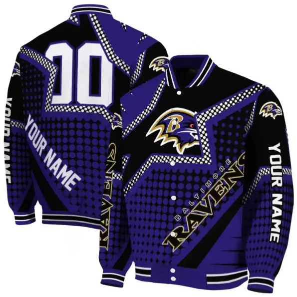 personalized baltimore ravens star burst purple varsity jacket fashion forward.webp